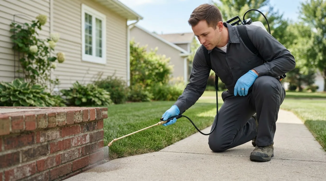 Pest control technician treating a home near Hankinson, ND